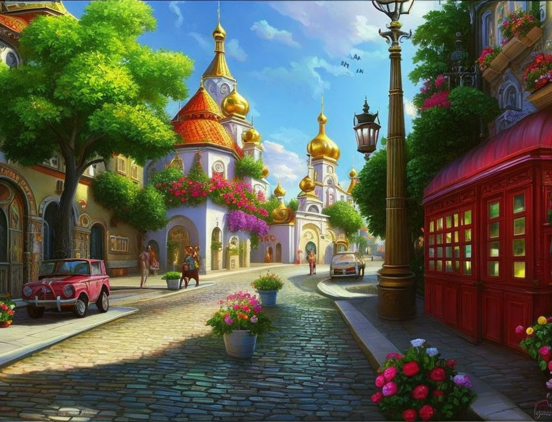 Colorful Street Scene with Golden Domes and Red Telephone Booth