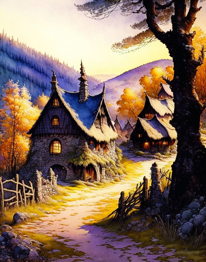 Illustration of serene village with thatched-roof cottages in autumn forest clearing.
