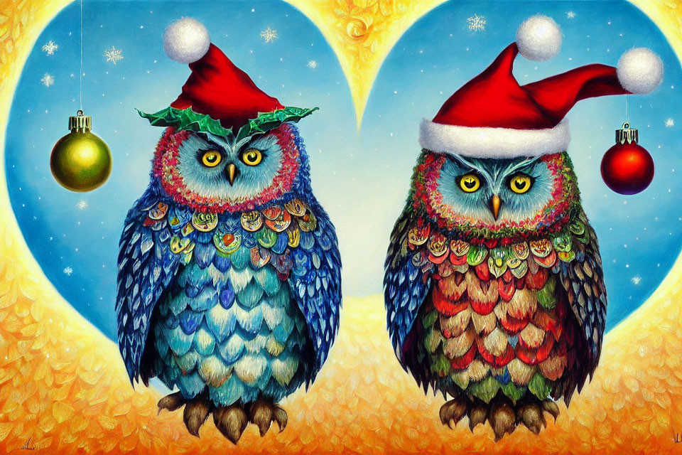 Illustrated Owls in Santa Hats on Festive Background