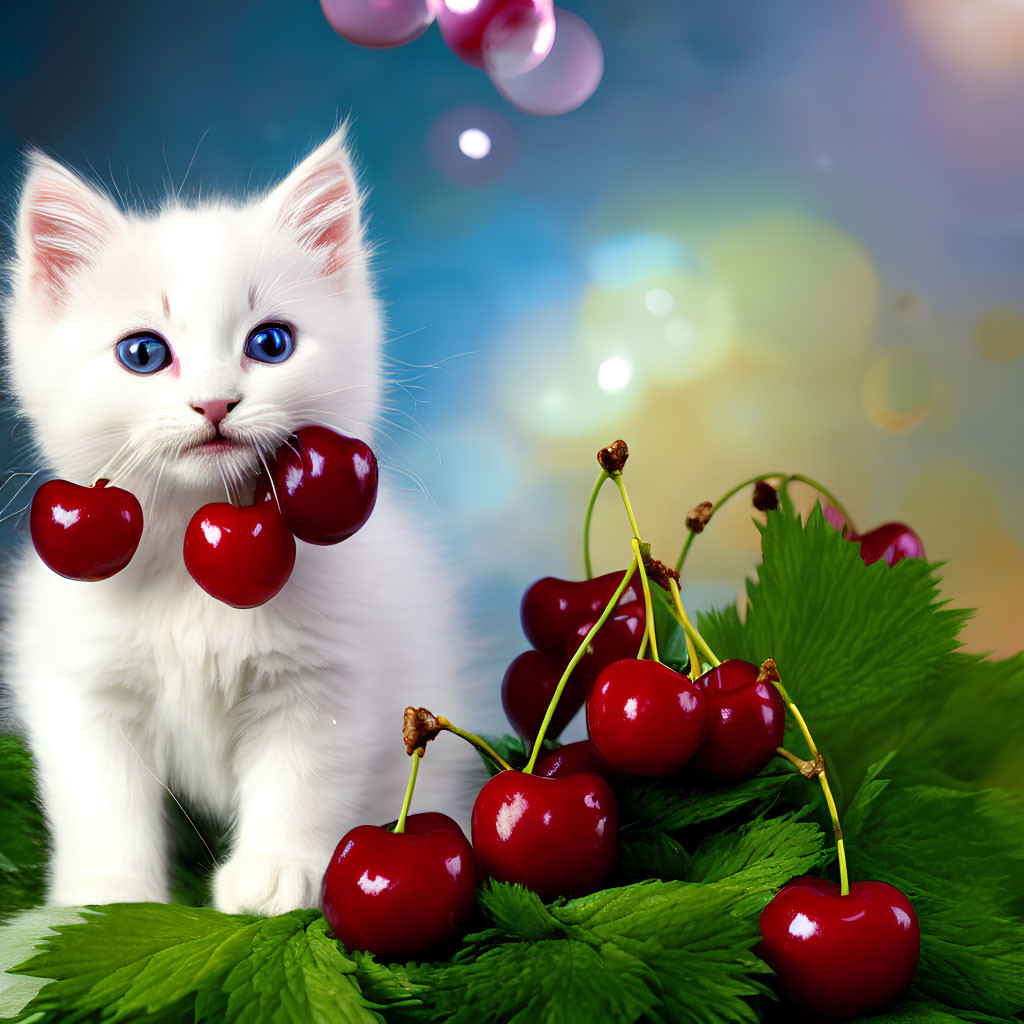 White Kitten with Blue Eyes Beside Ripe Cherries on Green Leaves