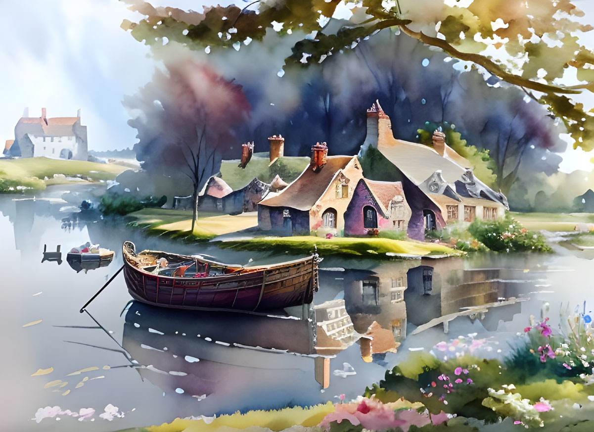 Tranquil village scene with thatched-roof cottages, calm river, boat, lush trees