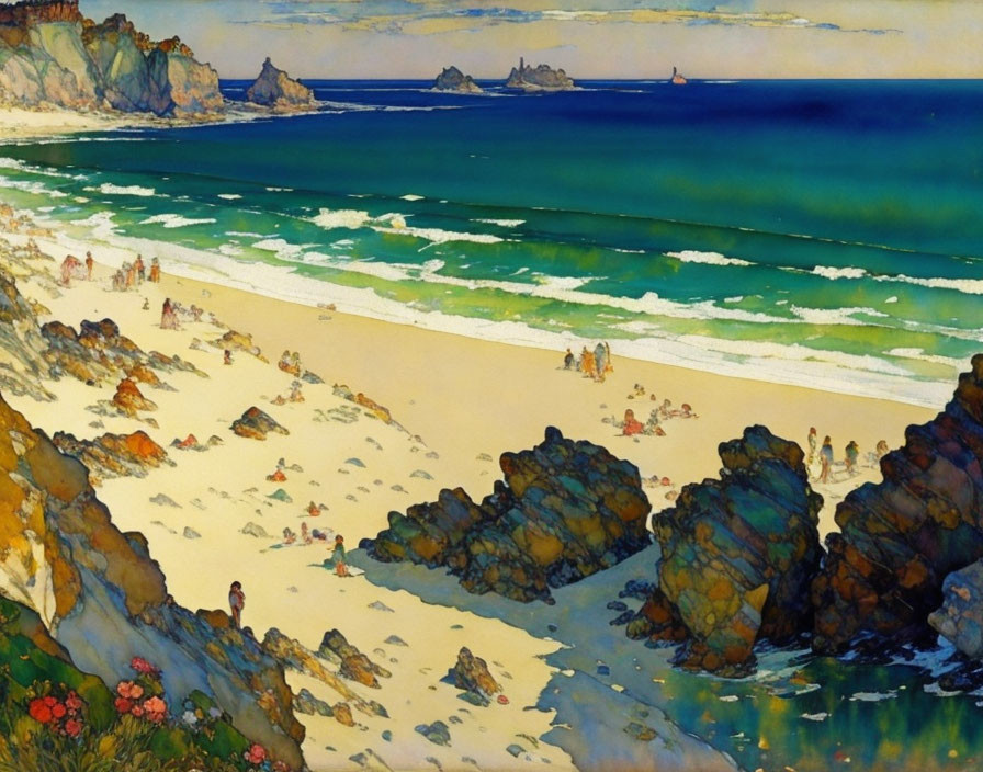 Beach scene with people, turquoise waves, sandy shores, rocky outcrops, sailboats under