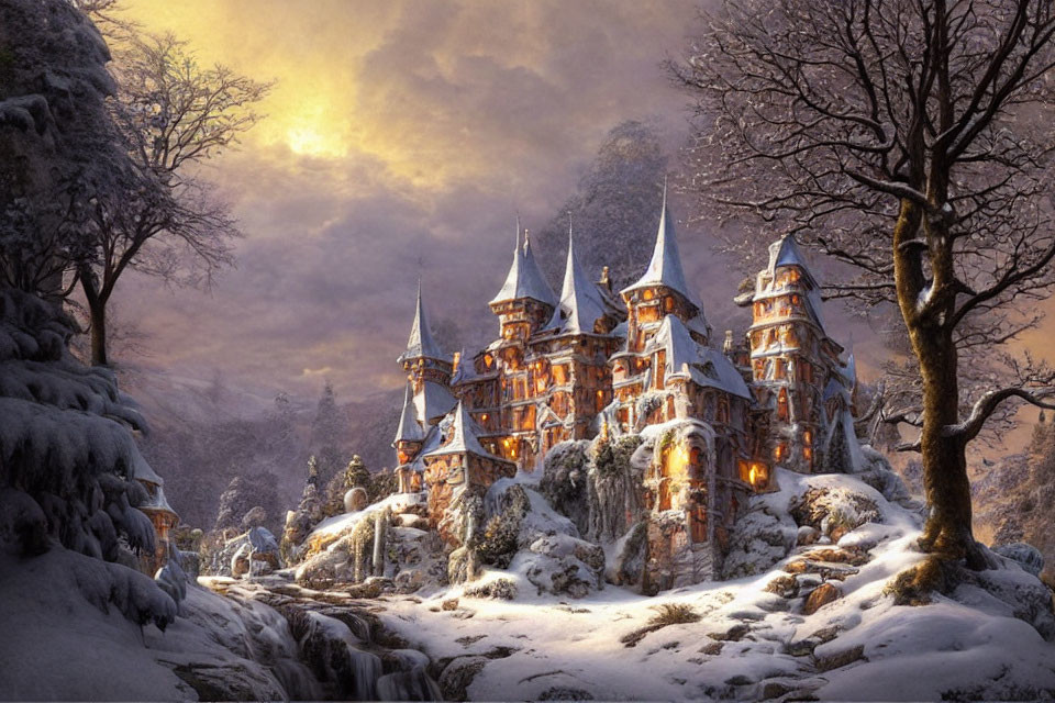 Snowy sunset scene: Majestic castle in warm light, surrounded by wintry forest