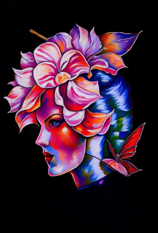 Colorful portrait of a woman with blue hair and floral headpiece on black background