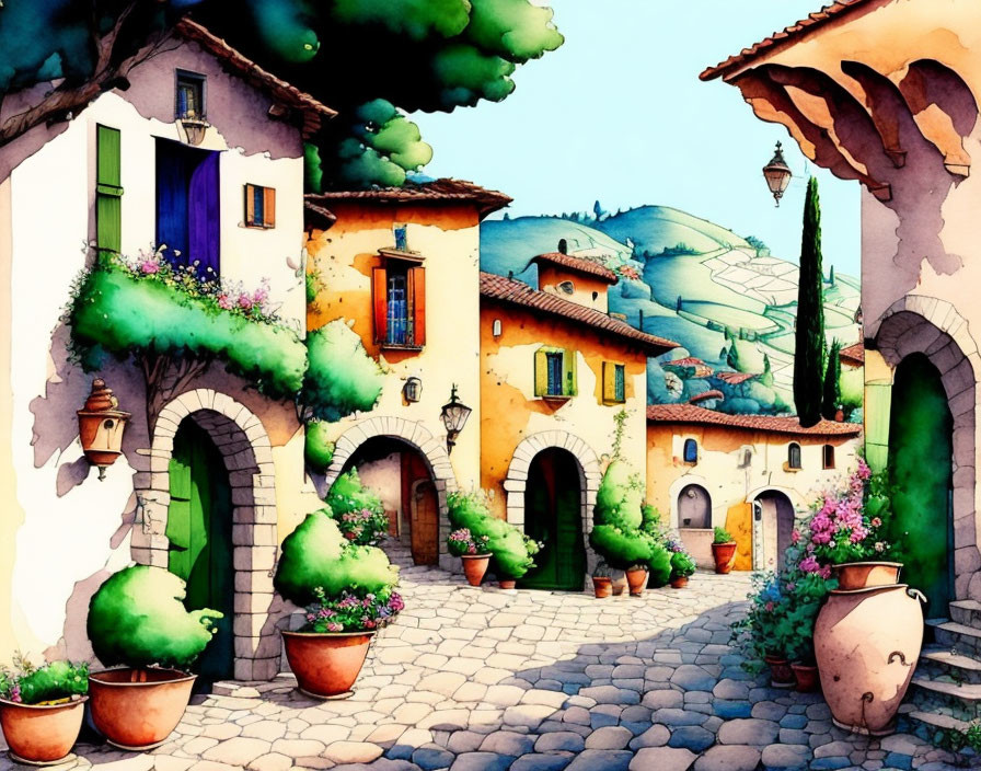 Vibrant watercolor painting of village street with stone houses and greenery
