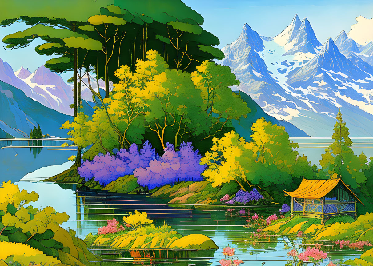 Serene lakeside scene with trees, flowers, gazebo, mountains