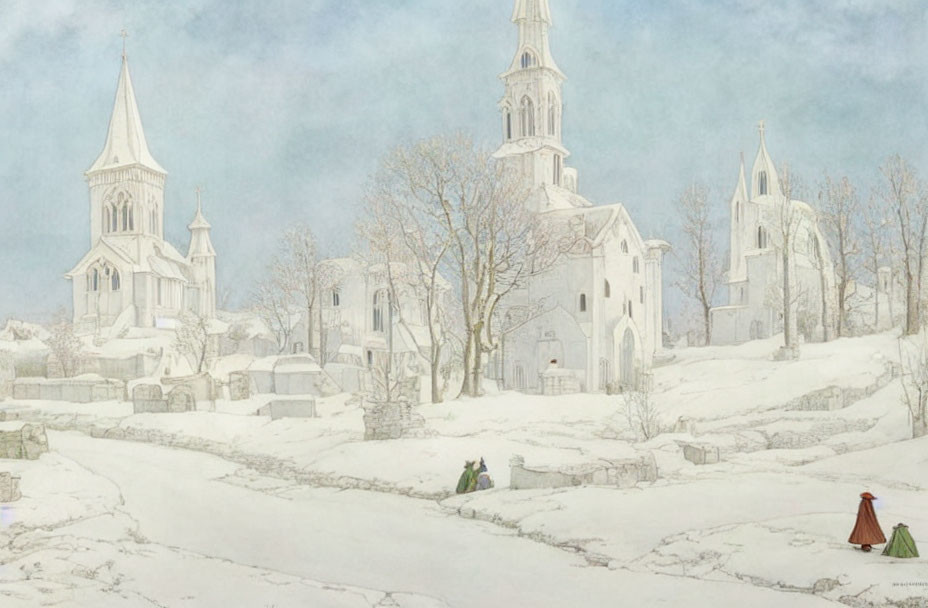 Winter village scene with historic churches and people walking under pale sky