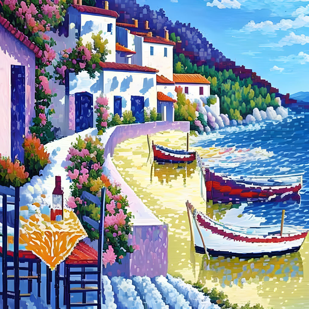Colorful coastal painting with white houses, flowers, cobblestone waterfront, and wooden boats