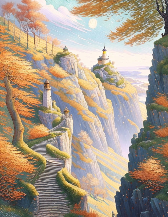 Tranquil autumn landscape with stone stairway, trees, lighthouses, and moon