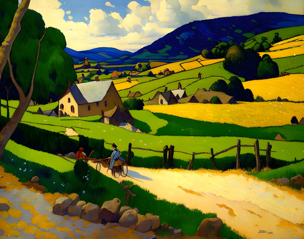 Vibrant rural landscape painting: dirt road, cyclists, fields, cottages, rolling hills,