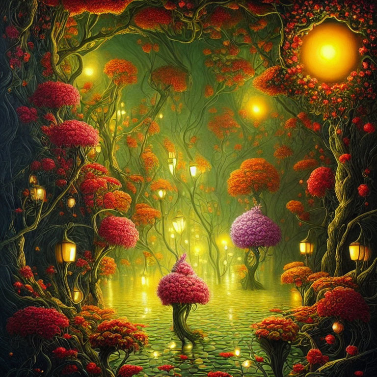 Enchanting forest scene with cobblestone path, glowing lanterns, red and purple trees under