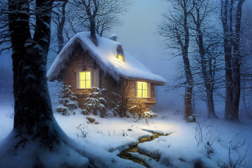 Snowy Forest Cottage Illuminated at Twilight