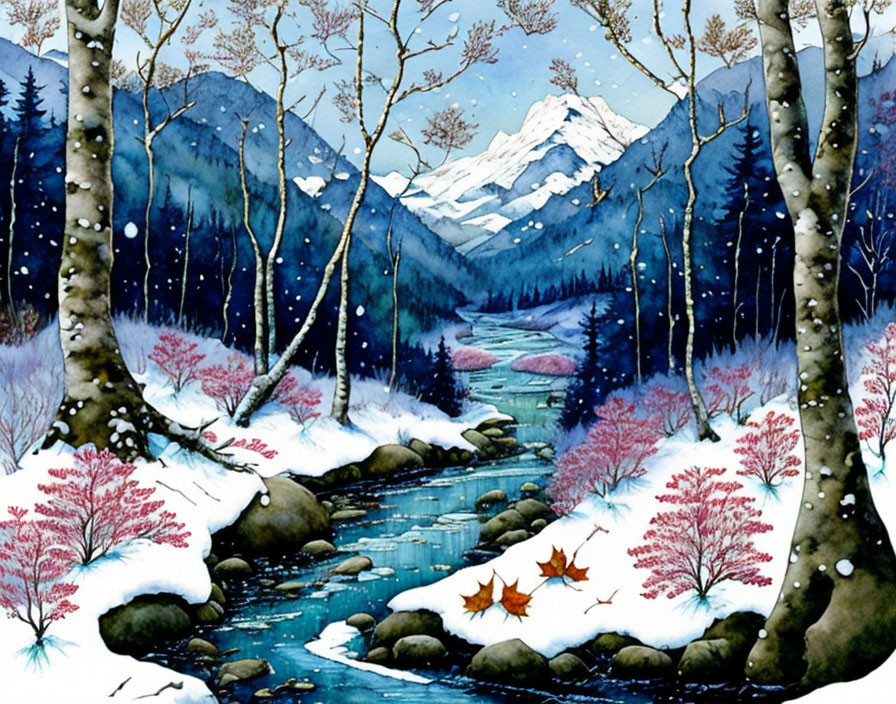 Snowy Mountain Watercolor Painting: River, Red-Berry Bushes, Trees, Starry Sky