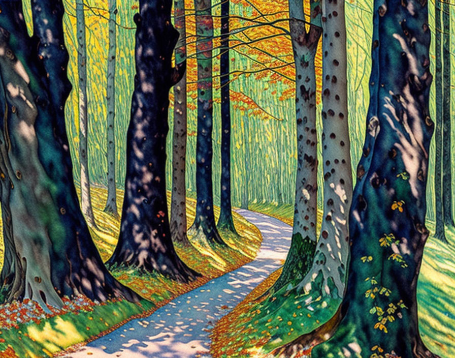 Autumn forest path illustration with tall speckled trees