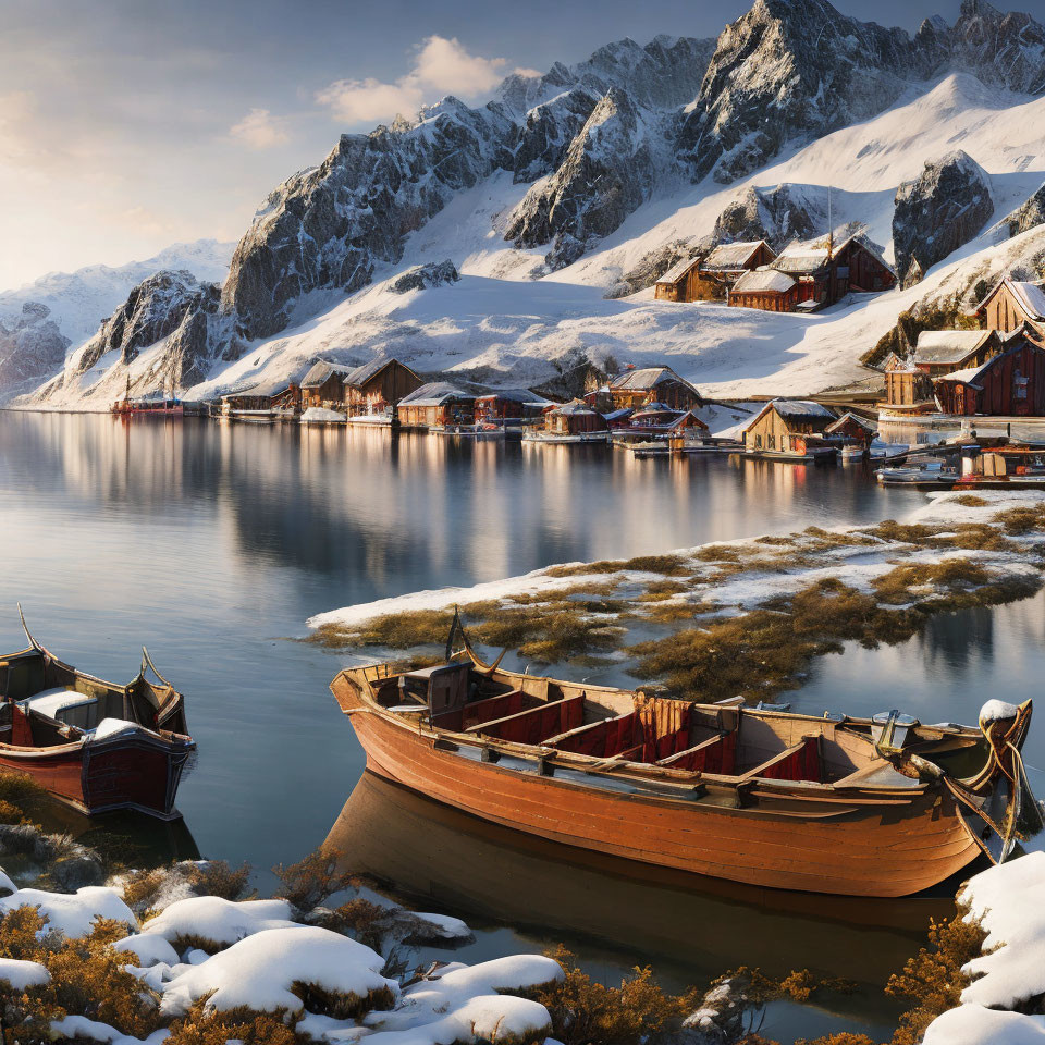 Winter Lakeside Scene: Wooden Houses, Snow-Covered Boats, Mountains