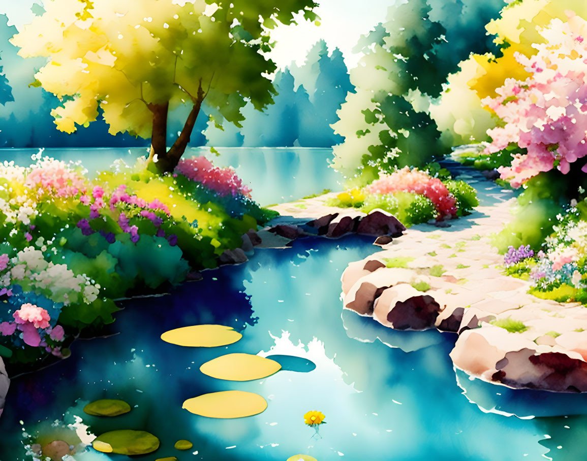 Colorful Landscape: Serene River & Stepping Stones