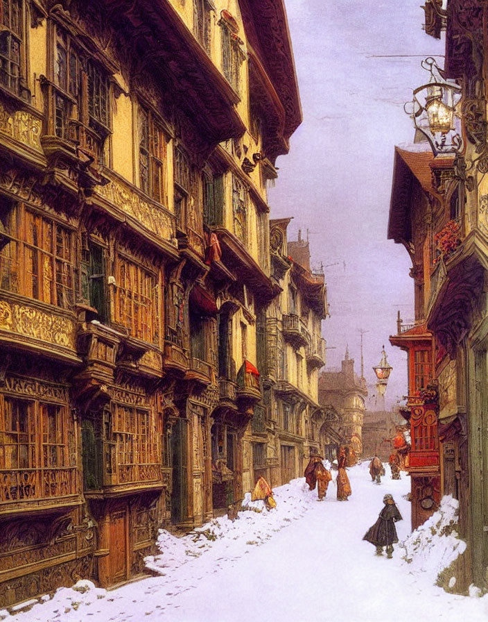 Snowy cobblestone street with vintage buildings and street lamps.