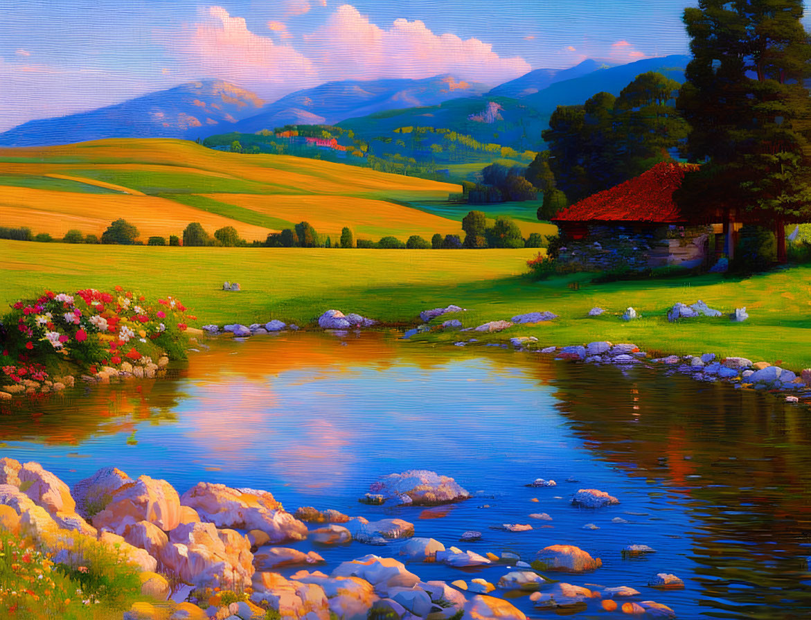 Serene landscape with pond, flowers, sheep, cottage, and hills