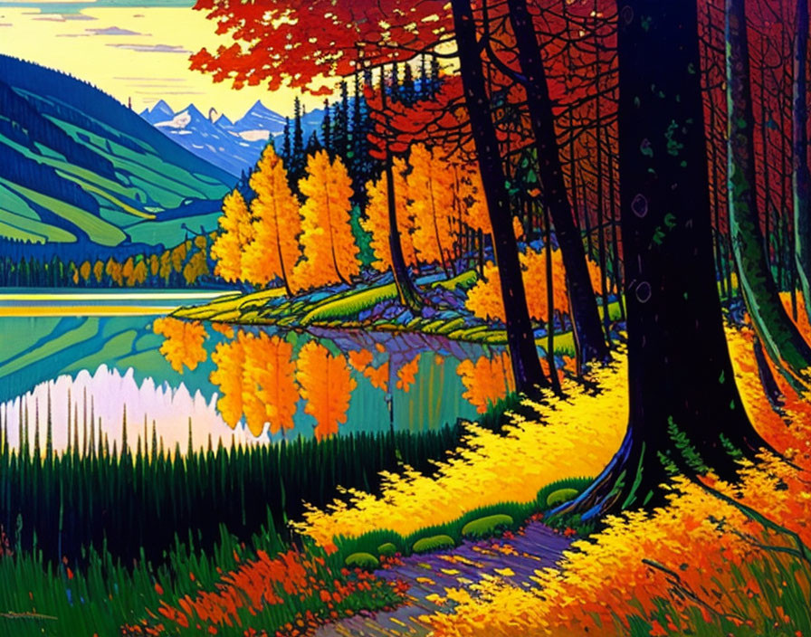 Colorful autumnal landscape with fiery trees by a serene lake and distant mountains