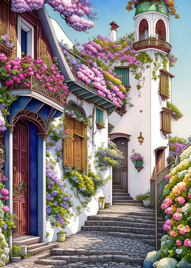 Whimsical two-story house with vibrant blossoms, cobblestone pathway, and blue door