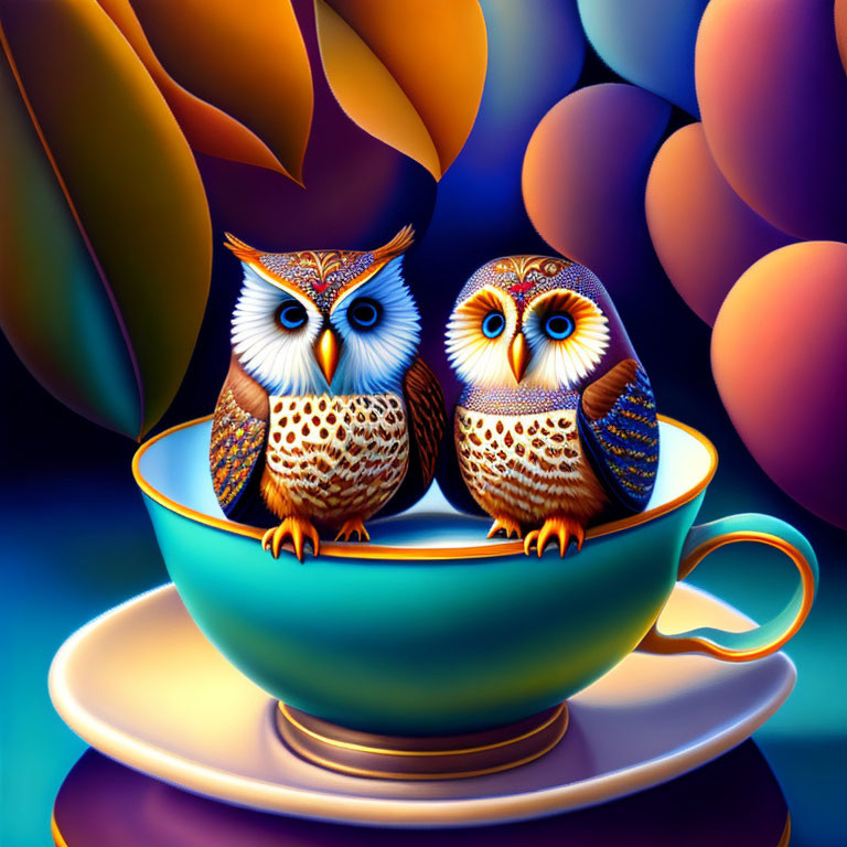 Colorful Stylized Owls in Teal Teacup with Vibrant Background