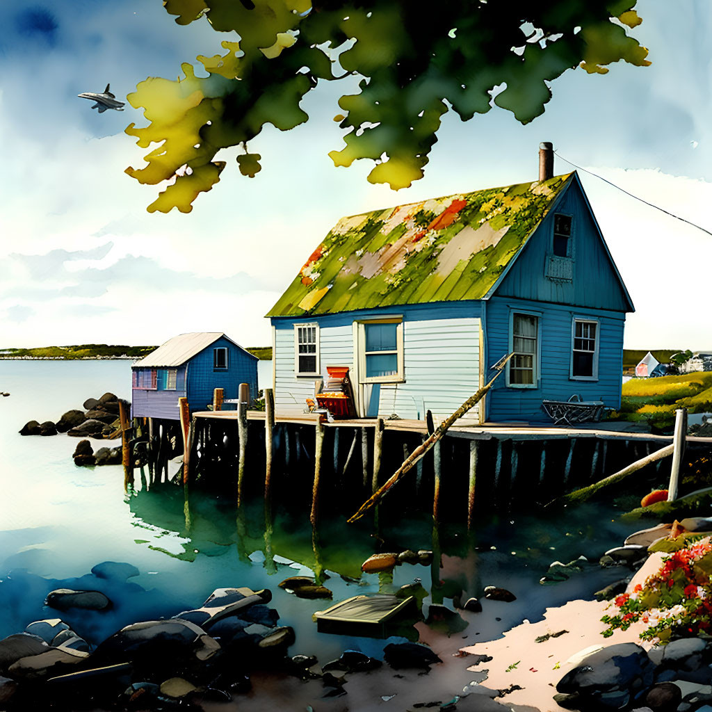 Vibrant illustration of a seaside house with moss-covered roof and jetty