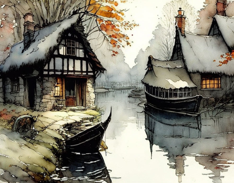 Tranquil watercolor: Rustic cottage, river, boat, autumn foliage