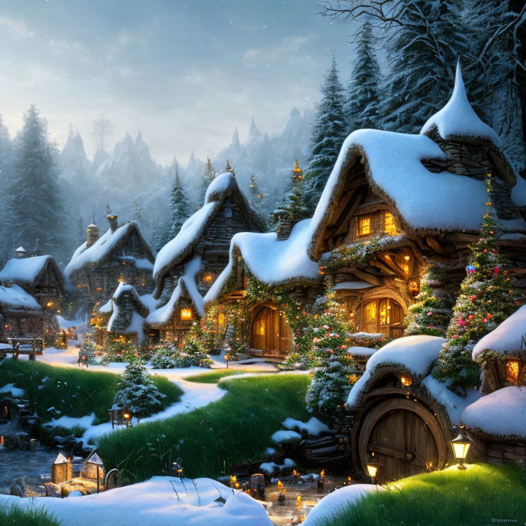Snow-covered cottages and Christmas trees in a serene winter village forest.