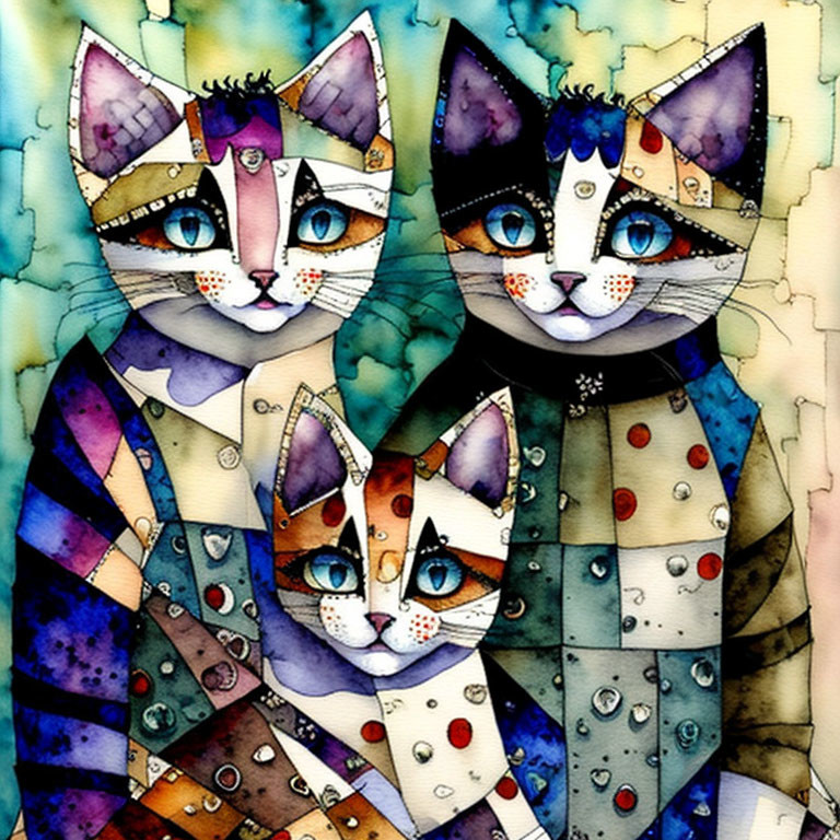 Vibrant watercolor illustration of three patchwork-style cats