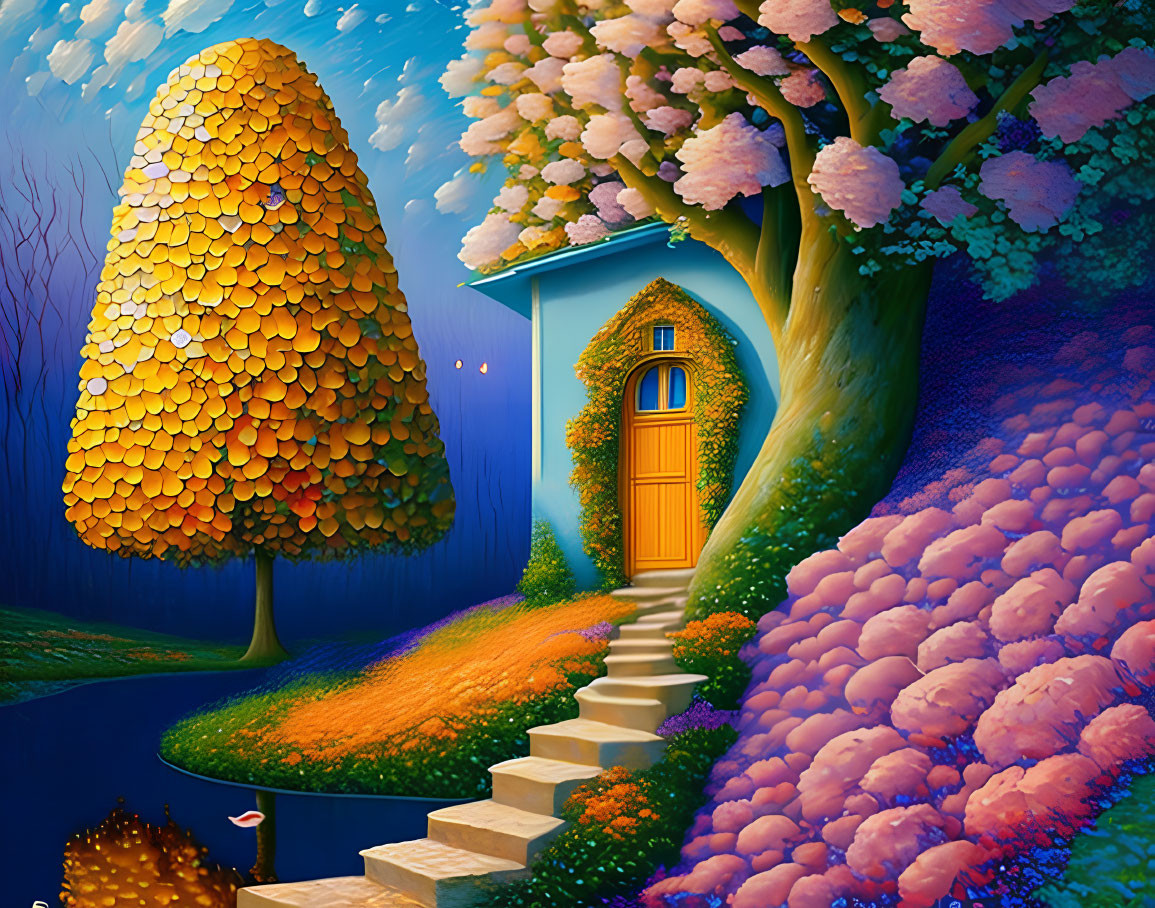 Whimsical glowing orange tree painting with staircase and blue house