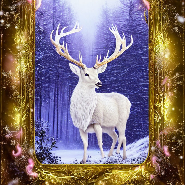 Golden Frame Surrounds Majestic White Stag in Snowy Forest