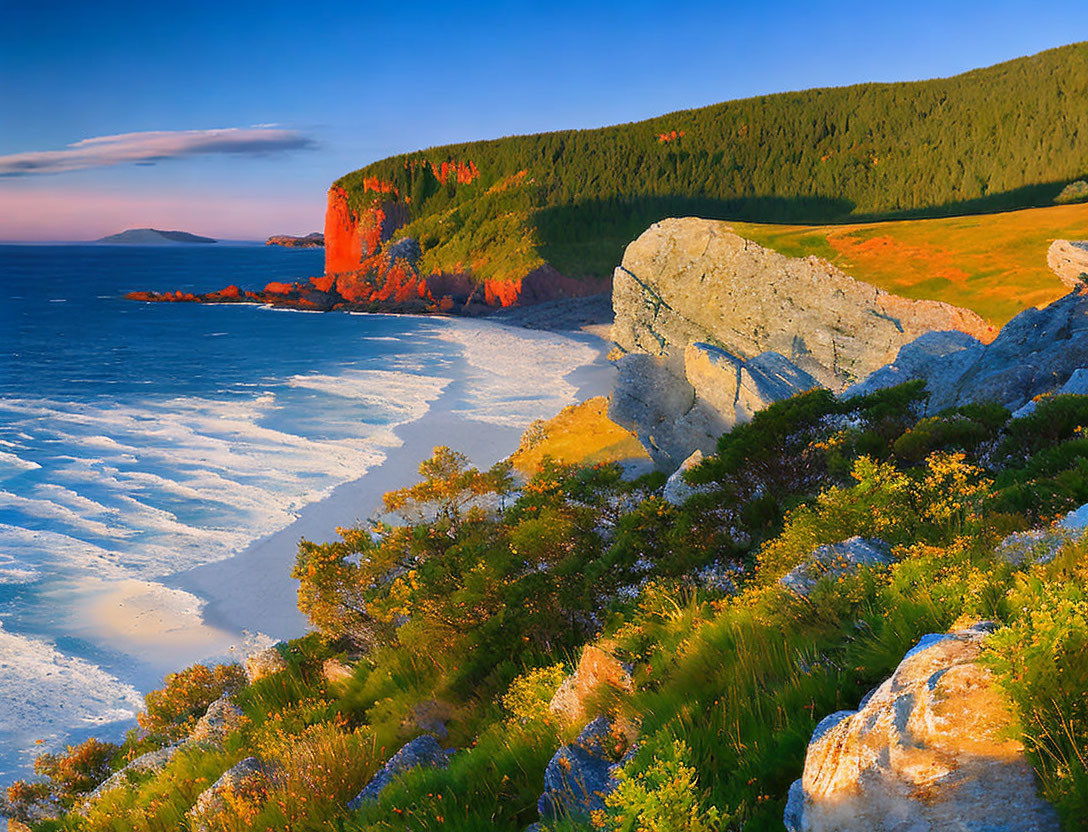 Serene coastal sunset: cliffs, forest, waves, beach