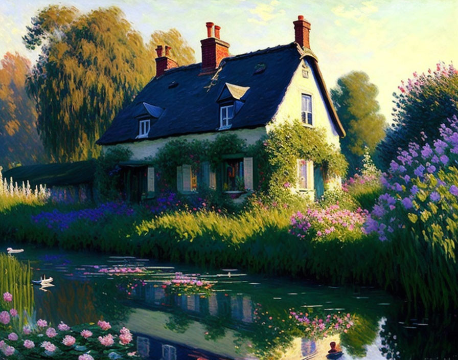 Blue-roofed cottage in lush greenery with pond and water lilies