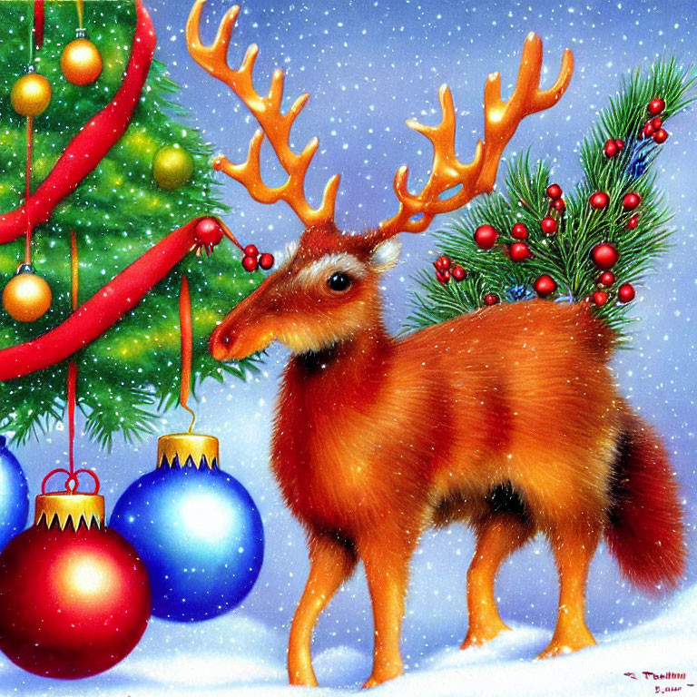 Festive reindeer illustration with glowing antlers and Christmas decorations