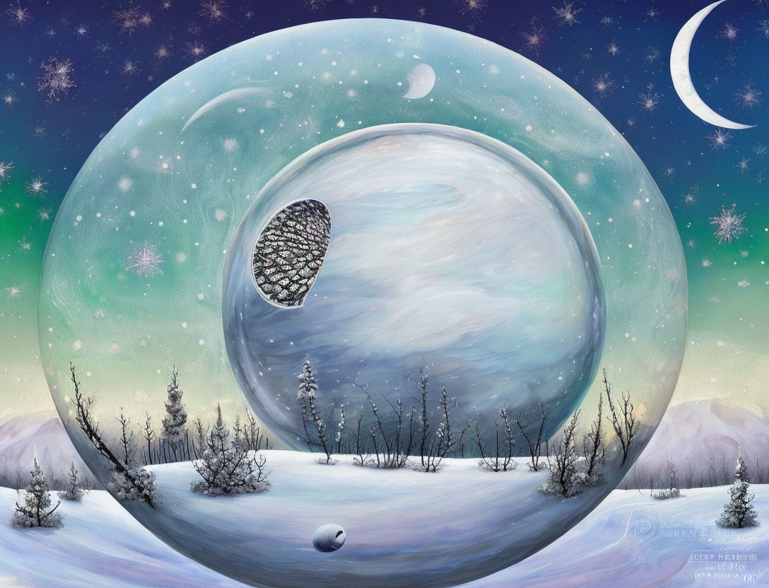 Surreal winter landscape with moon, portal, and snow-covered trees