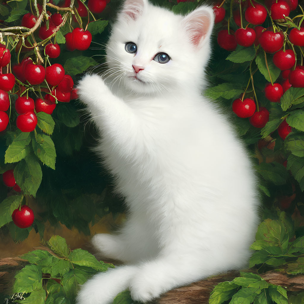 Adorable white kitten with blue eyes reaching for red cherries