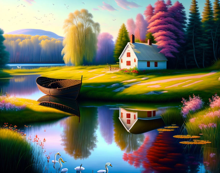 Tranquil landscape with small house by still lake at sunset