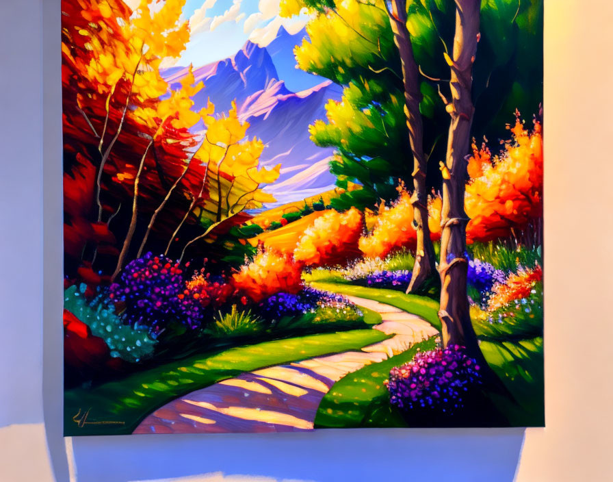 Colorful autumn forest painting with sunlit path and mountains