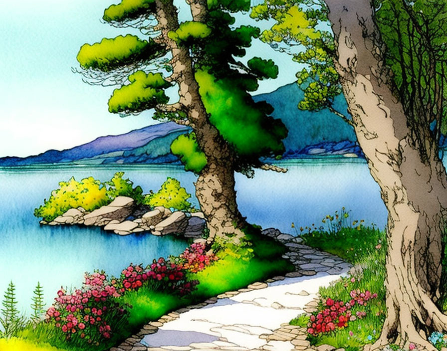 Vibrant lakeside path with lush trees and flowers