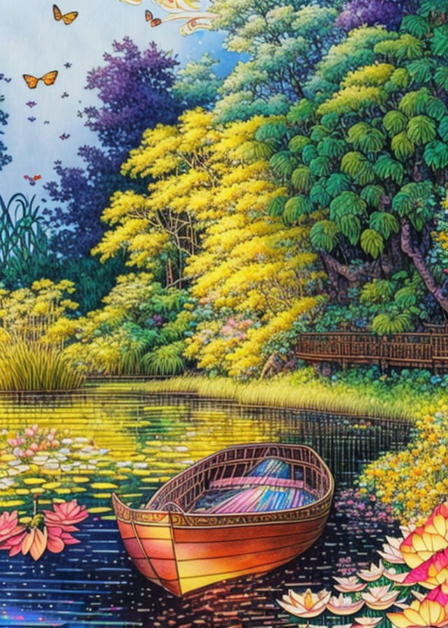 Serene pond with lotus flowers, boat, trees, and butterflies