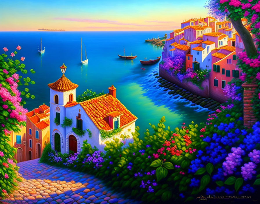 Vibrant coastal village: cobblestone path, flowers, terracotta houses, calm sea