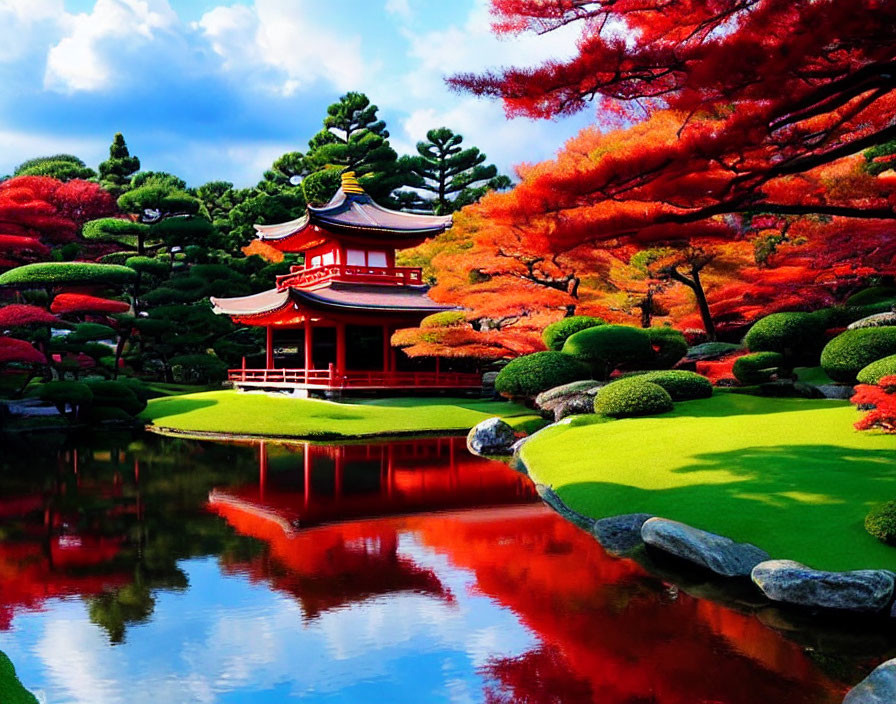 Serene Japanese Garden with Red Pagoda, Autumn Trees, and Reflective Pond