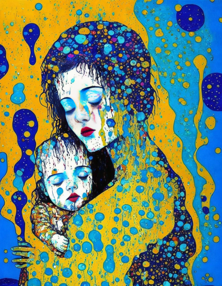 Vibrant painting of woman and child with solemn expressions in blue backdrop