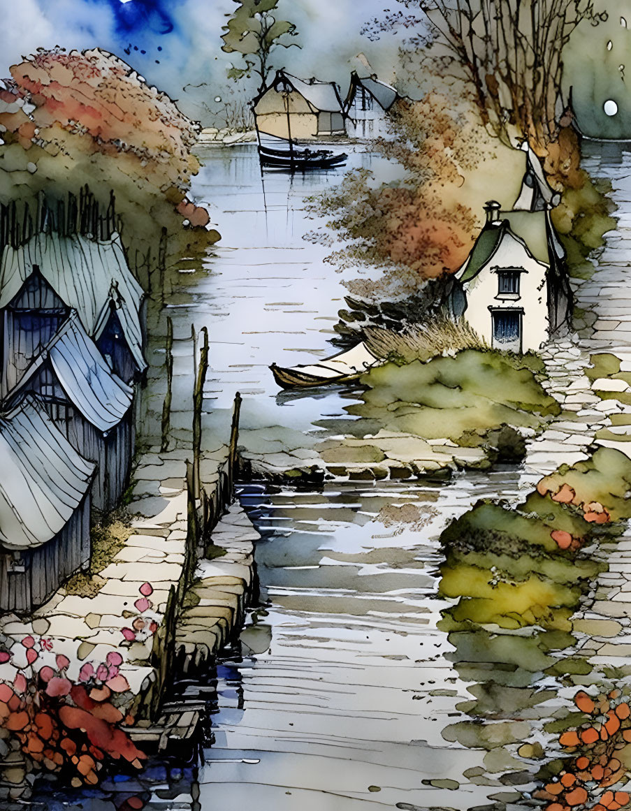 Tranquil riverside scene with quaint houses, jetty, boats, and foliage