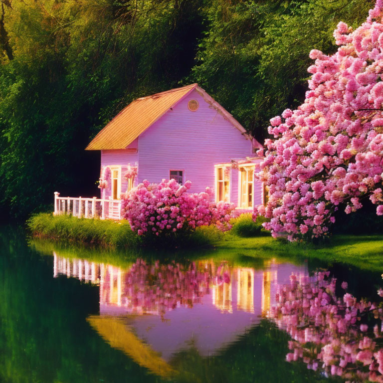 Purple Cottage with Yellow Windows by Tranquil Pond and Blossoming Trees