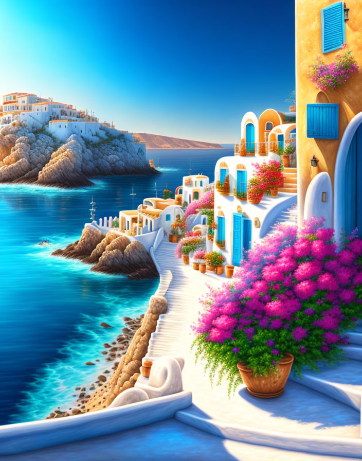Colorful Coastal Scene with White Buildings and Pink Flowers