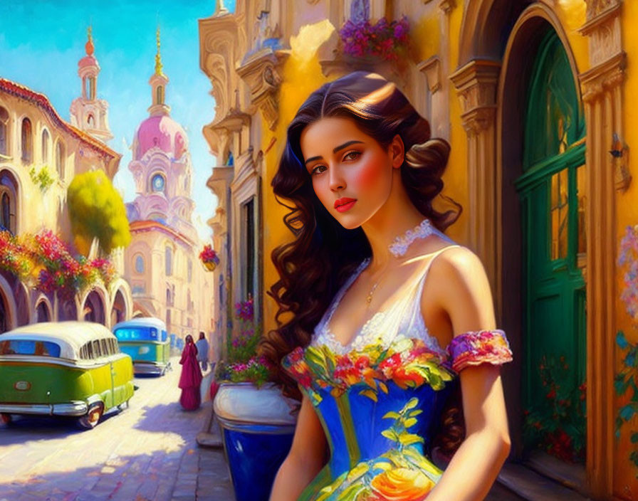 Dark-haired woman in floral dress on vibrant street with classic car