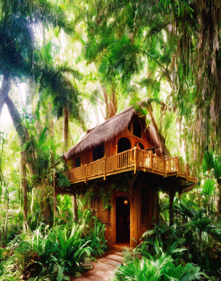 Thatched-Roof Treehouse in Lush Forest
