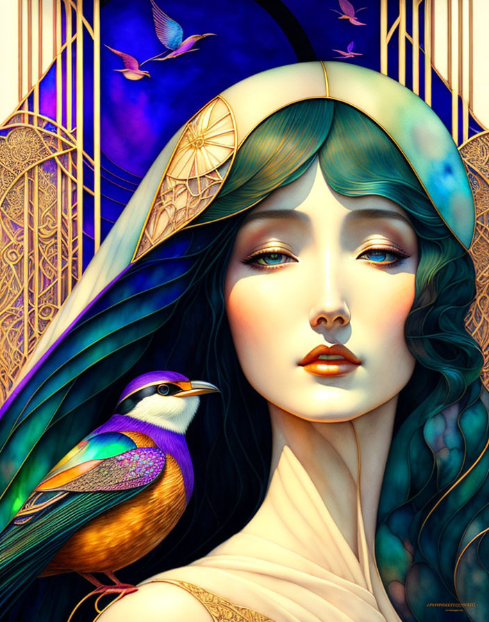 Illustration of woman with turquoise hair and bird in ornate Art Nouveau setting