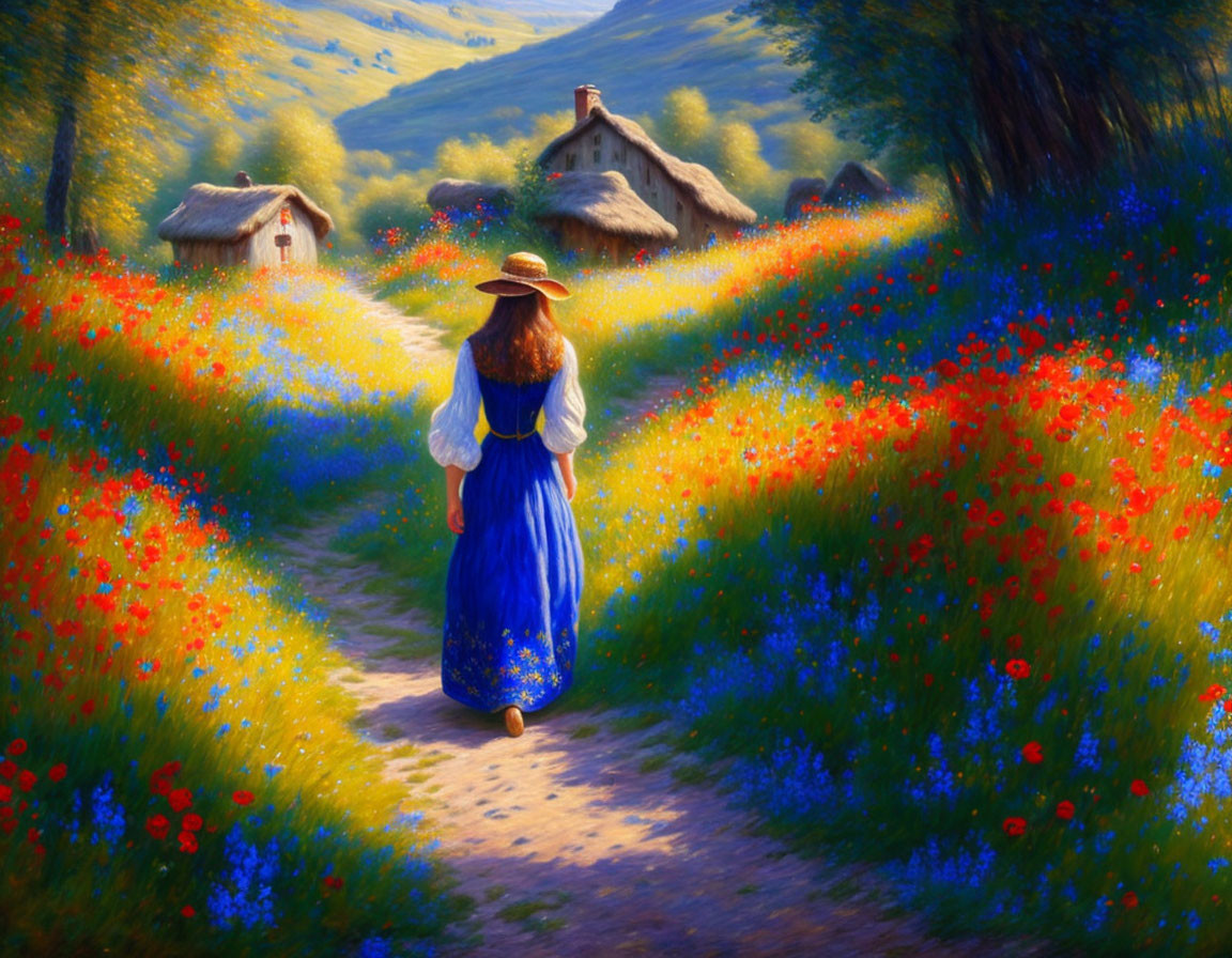Woman in Blue Dress Walking Down Flower-Lined Path to Thatched-Roof Cottages